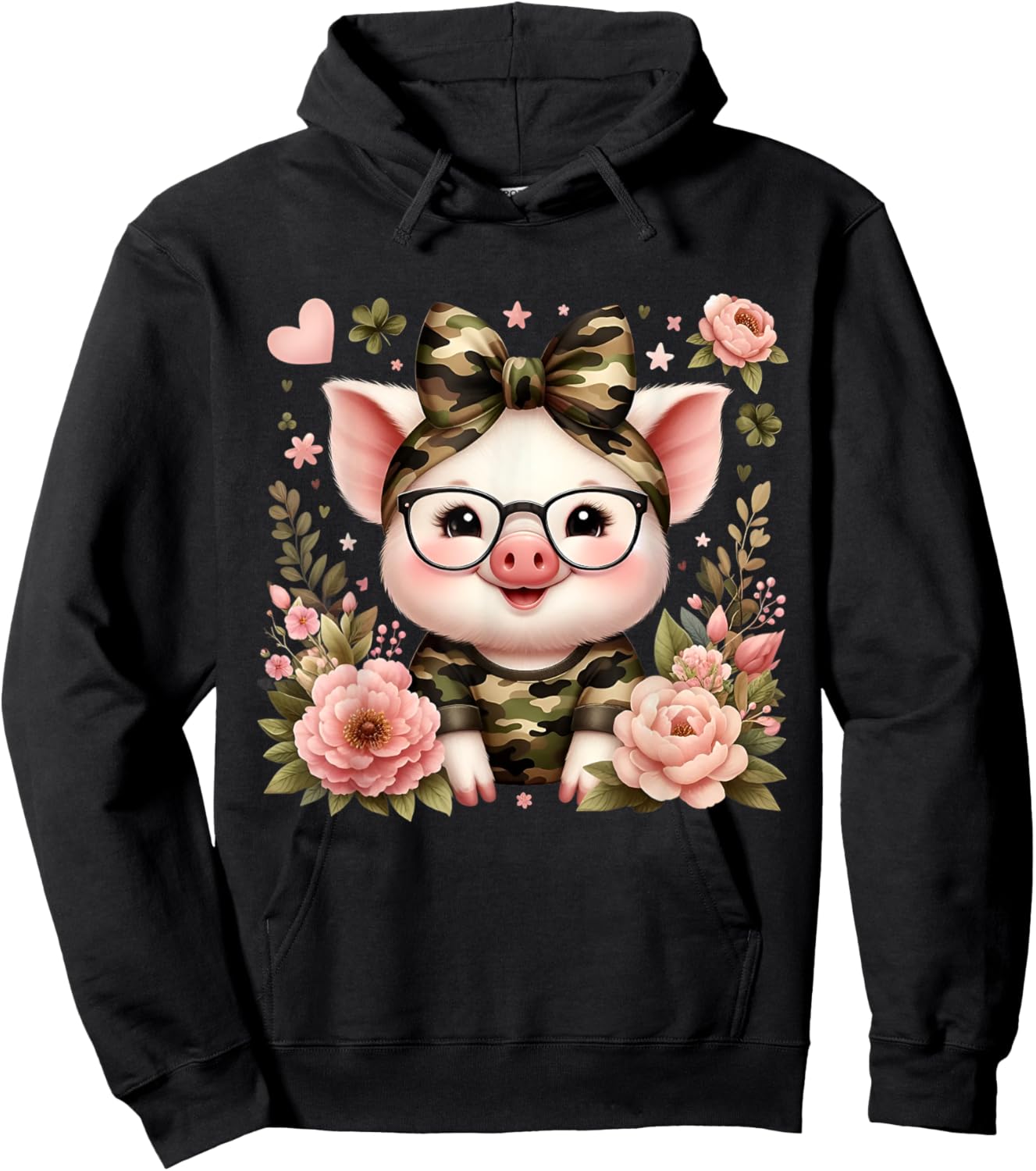 Cute Pig Camouflage Camo Coquette Bow Headband Flower Hoodie - Hoodie | Black
