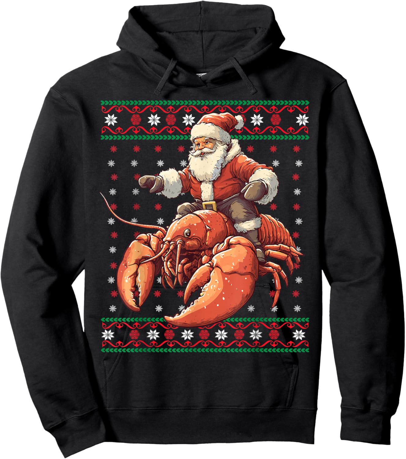 Santa Riding Lobster Funny Lobster Ugly Christmas Pajama Hoodie - Hoodie | Black