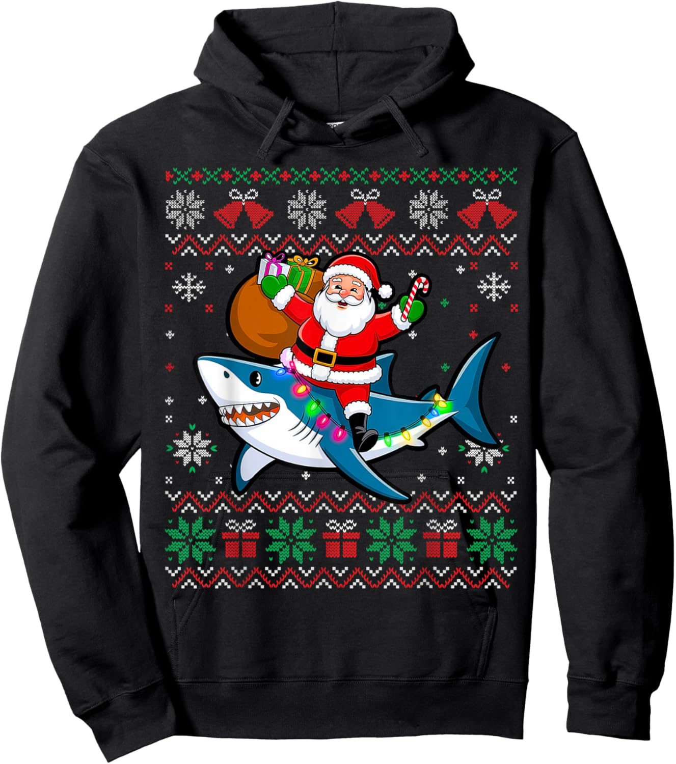 Funny Ugly Christmas Santa Riding Shark Holiday Gifts Hoodie - Hoodie | Black