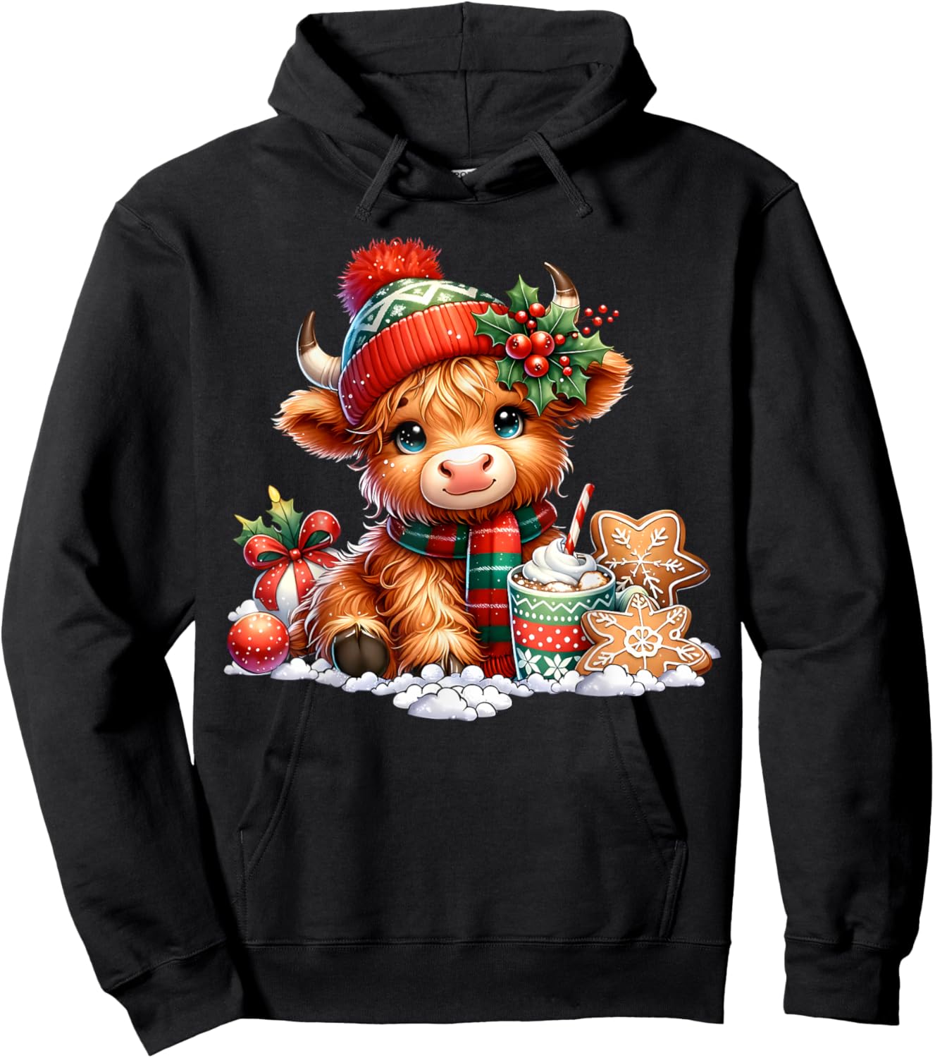 Christmas Highland Cow Cute Heifer Cow Santa Hat Mooey Xmas Hoodie - Hoodie | Black