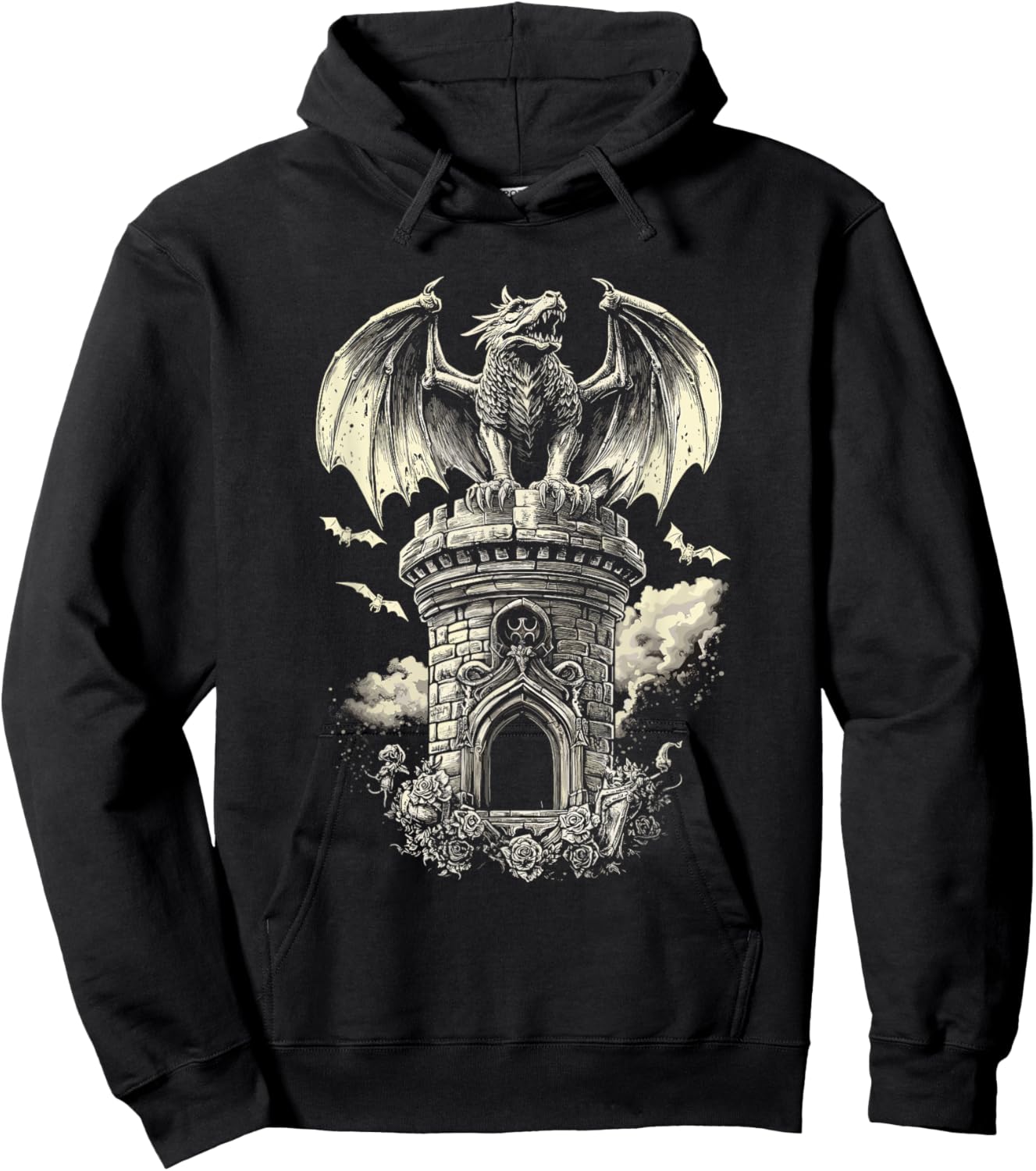 Dragon on Tower with Bats - Gothic Hoodie - Hoodie | Black