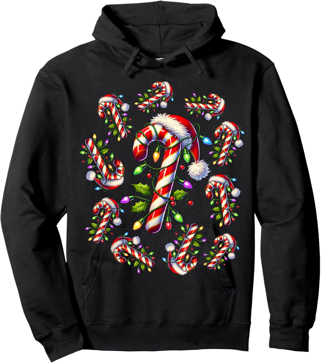 Red and White Candy Cane Santa Christmas Funny Xmas Lights Hoodie - Hoodie | Black