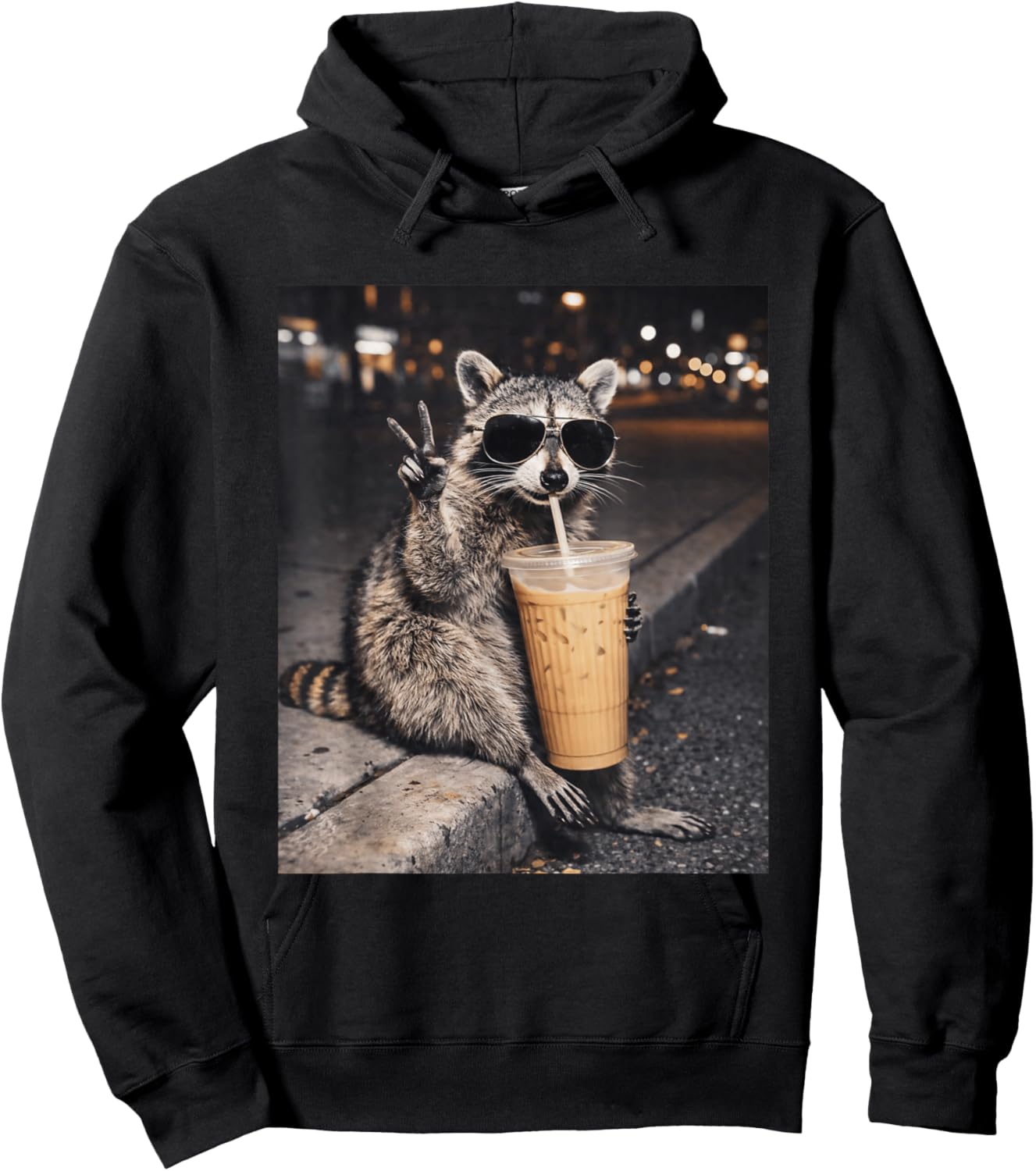 Raccoon Drinking Iced Coffee Funny Animal Meme T-Shirt - Hoodie | Black