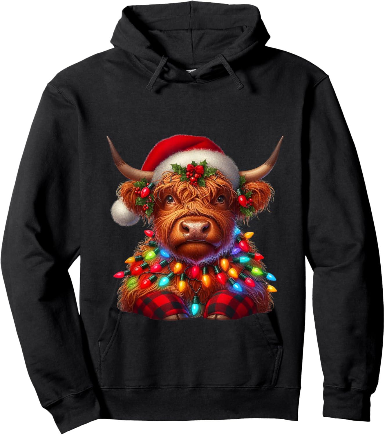 Scottish Highland Cow Christmas Santa Hat Lights Xmas Pajama Hoodie - Hoodie | Black