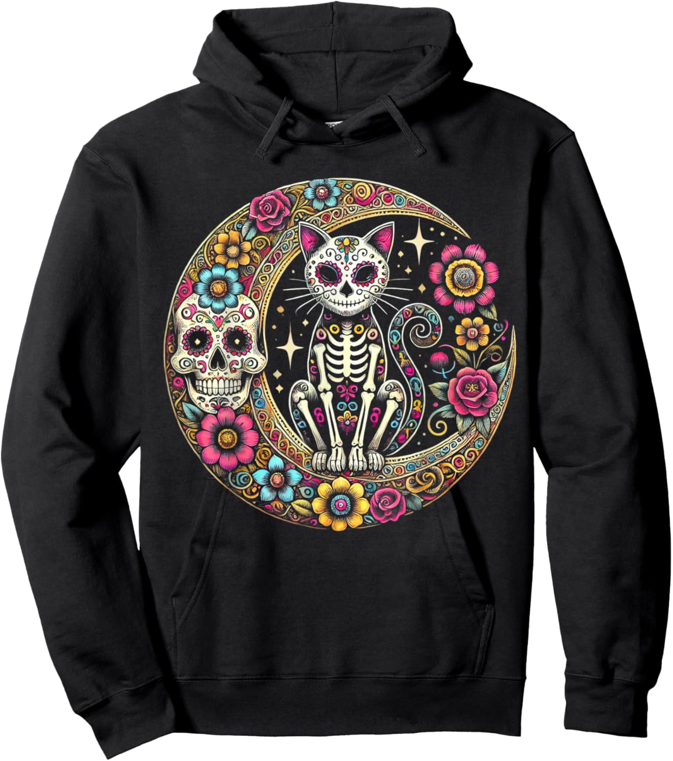 Cat Moon Dia De Los Muertos Day Of The Dead Sugar Skull Hoodie - Hoodie | Black