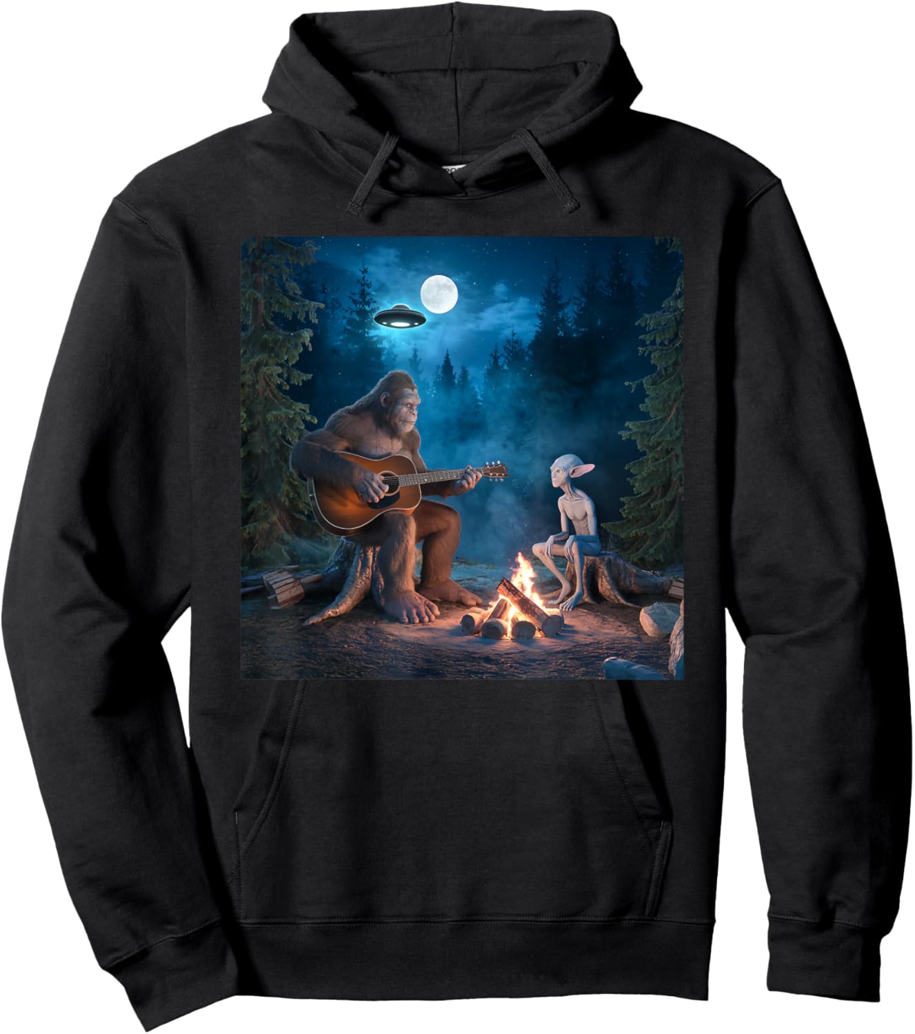 Bigfoot Alien Sasquatch Campfire UFO Music Night Scene Hoodie - Hoodie | Black