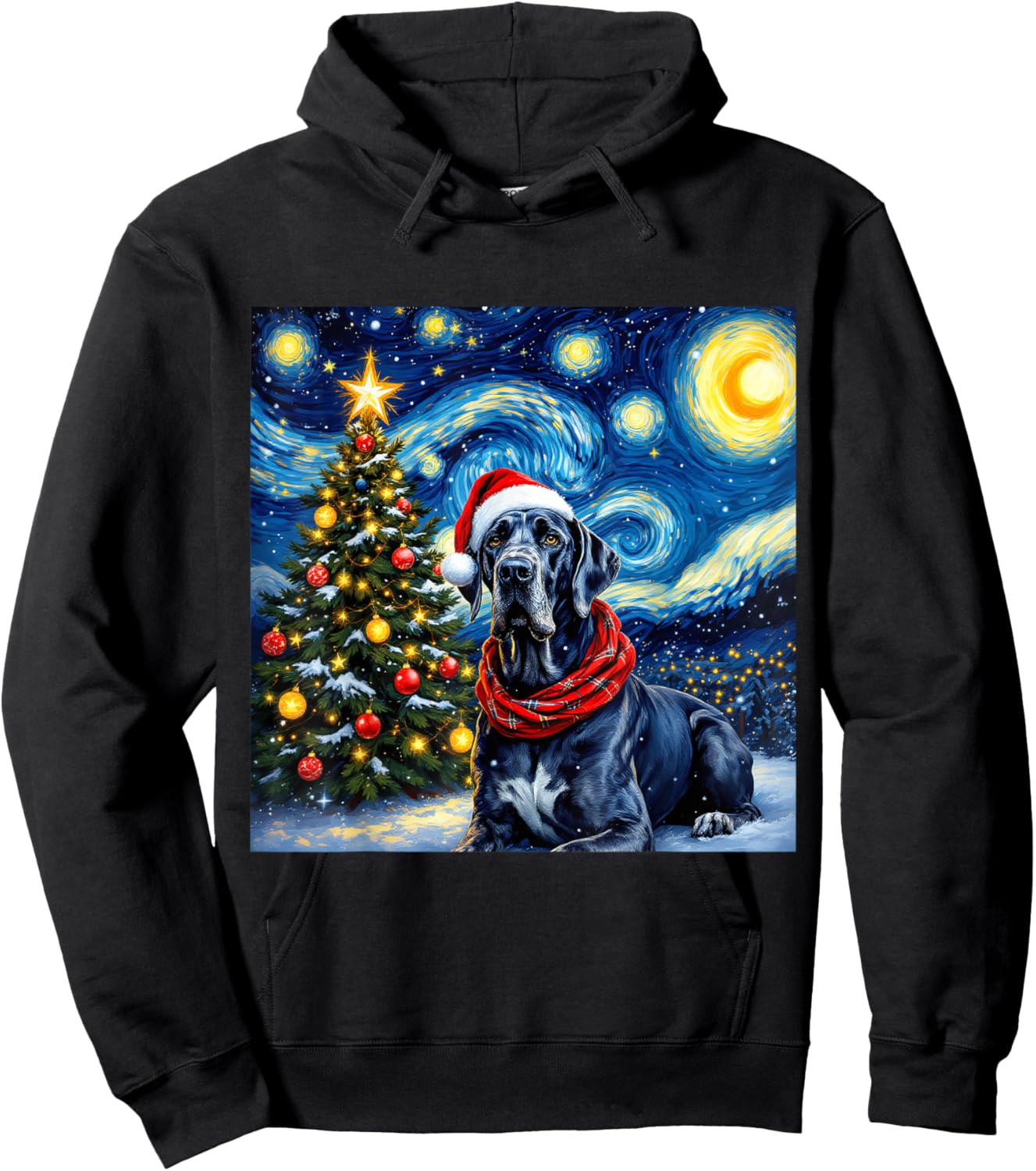 Great Dane Starry Night Christmas Van Gogh Dog Santa Hat Hoodie - Hoodie | Black