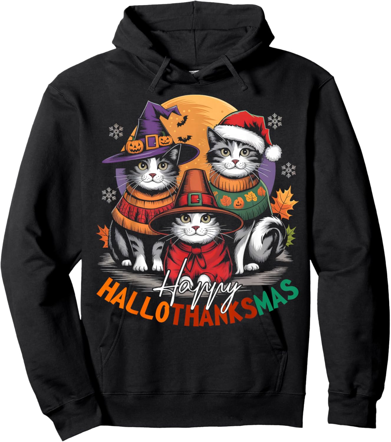 Happy HalloThanksMas Halloween, Christmas, Thanksgiving Cats Hoodie - Hoodie | Black