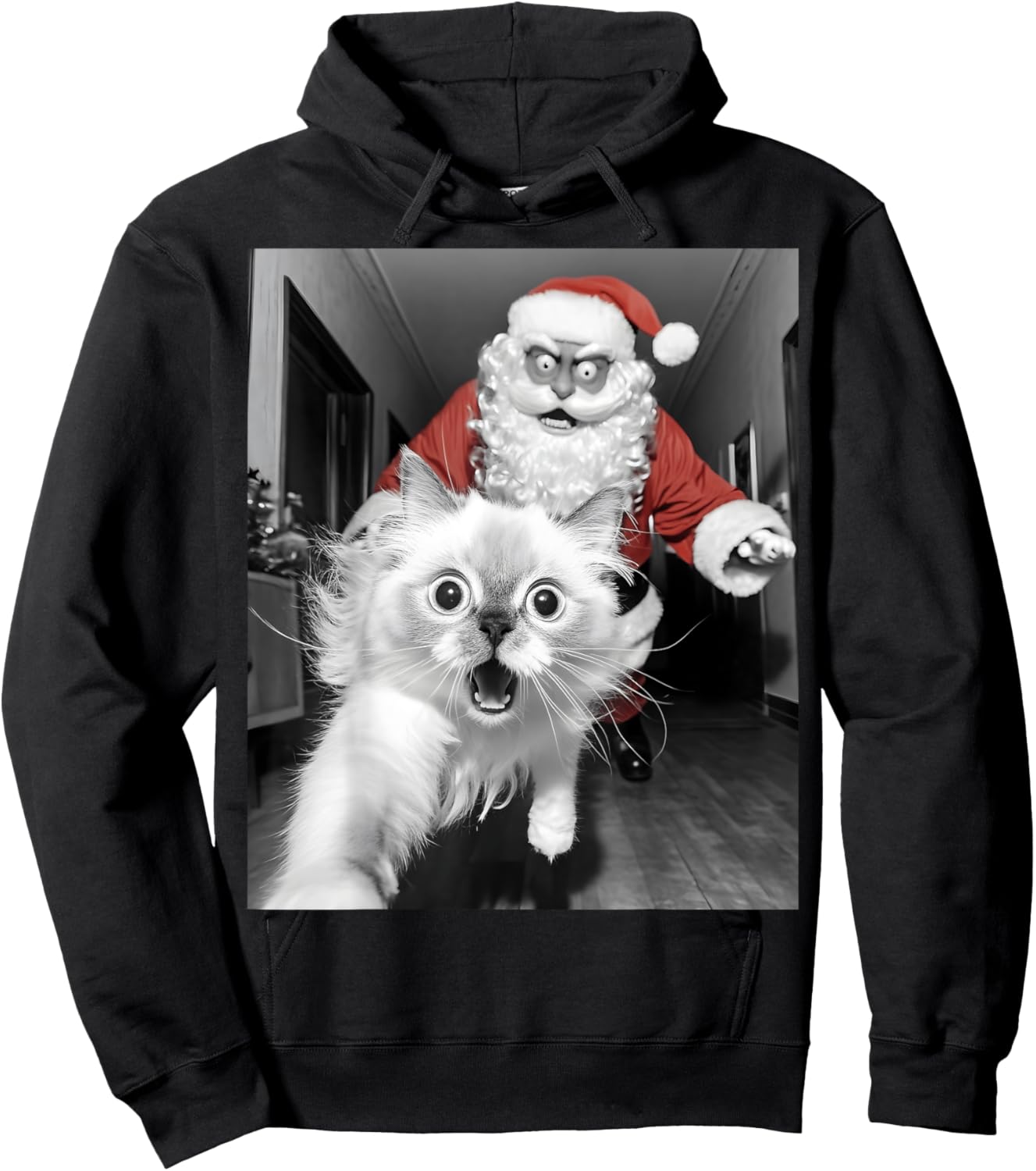 Funny Cat Selfie With Santa Christmas Women Hoodie - Hoodie | Black