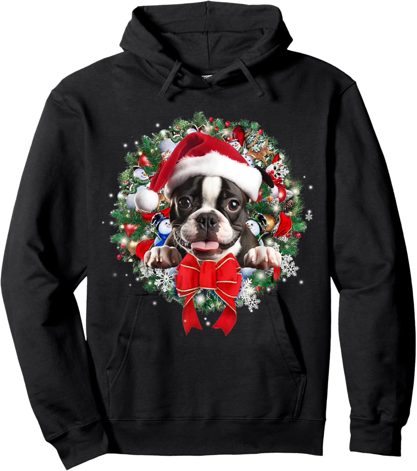 Boston Terrier Christmas Wreath Decoration Xmas Pajamas Hoodie - Hoodie | Black