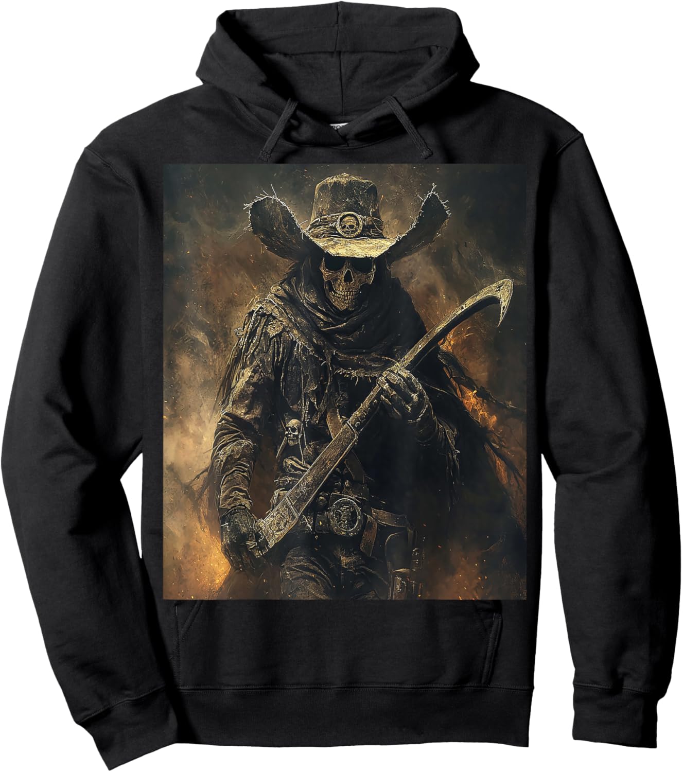 Western Grim Reaper Cowboy Wearing Hat Scythe Skull Art Hoodie - Hoodie | Black