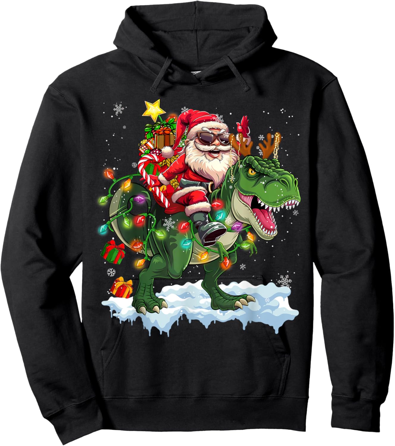 Merry Christmas 2025 Santa Riding Dinosaur Xmas Boy Men Kids Hoodie - Hoodie | Black