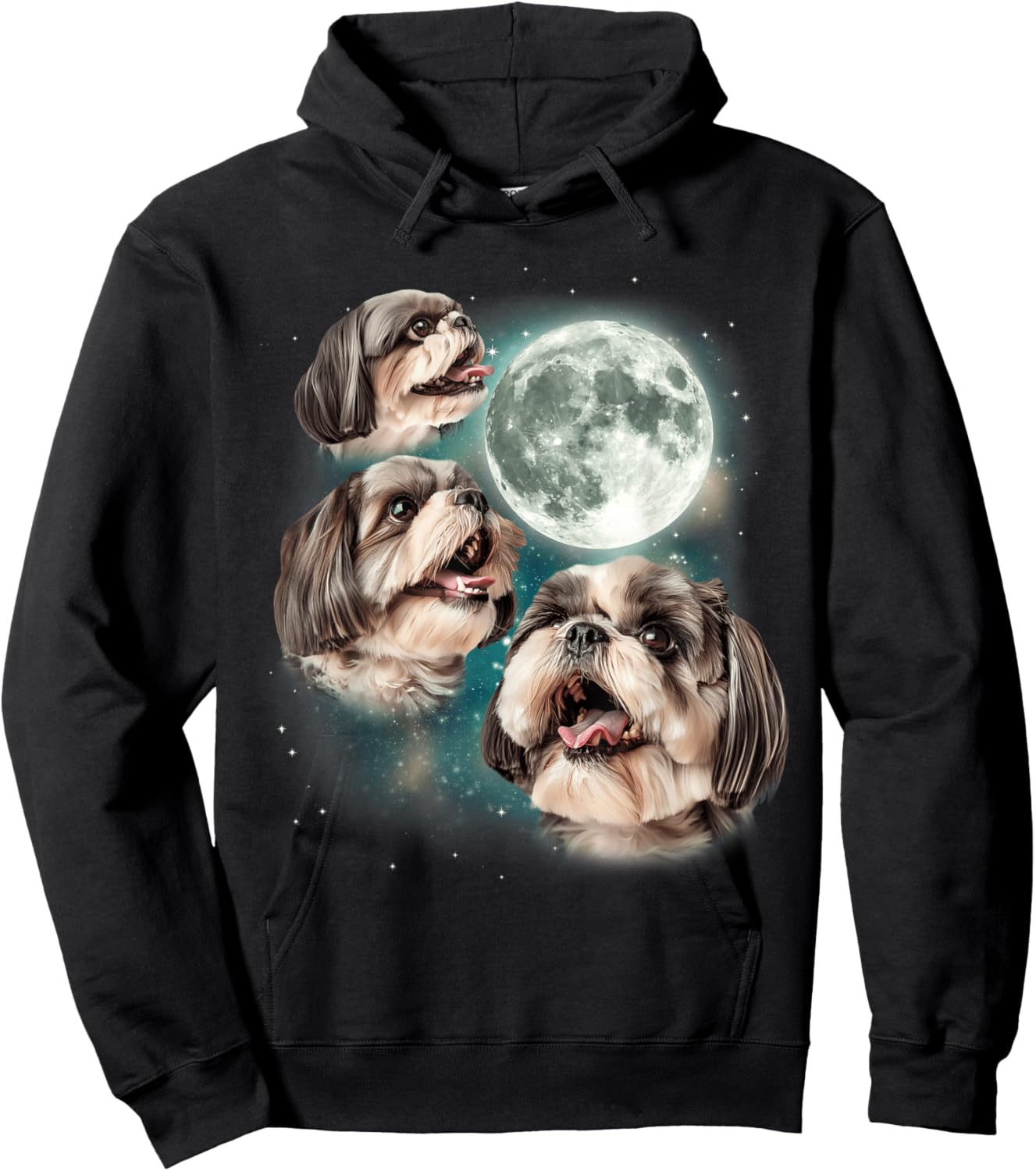 Three Shih Tzu Moon | 3 Puppies Howling Fun Dog Parody Meme Hoodie - Hoodie | Black