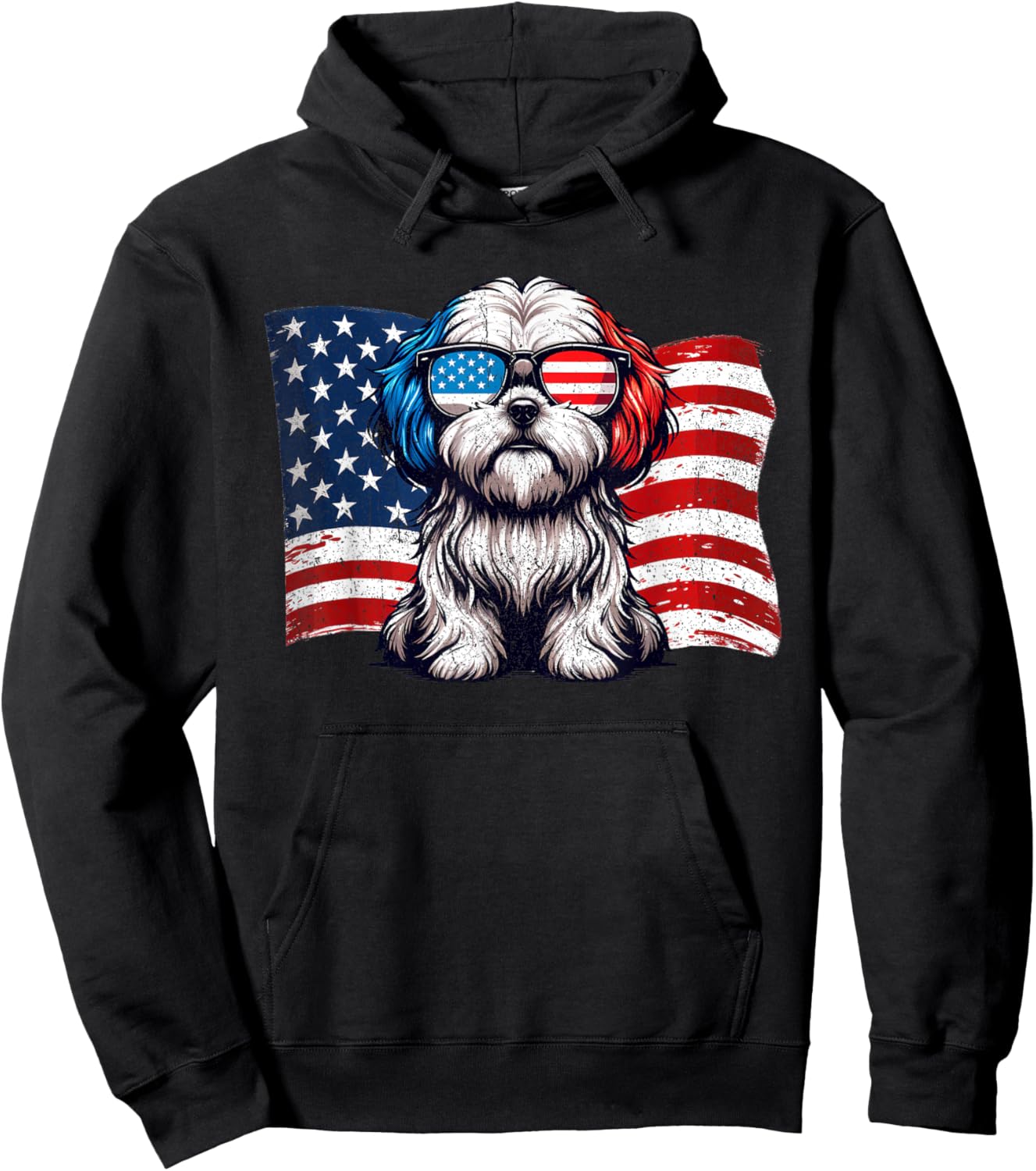 Vintage Lhasa Apso Dogs American Flag Sunglasses Patriotic Hoodie - Hoodie | Black