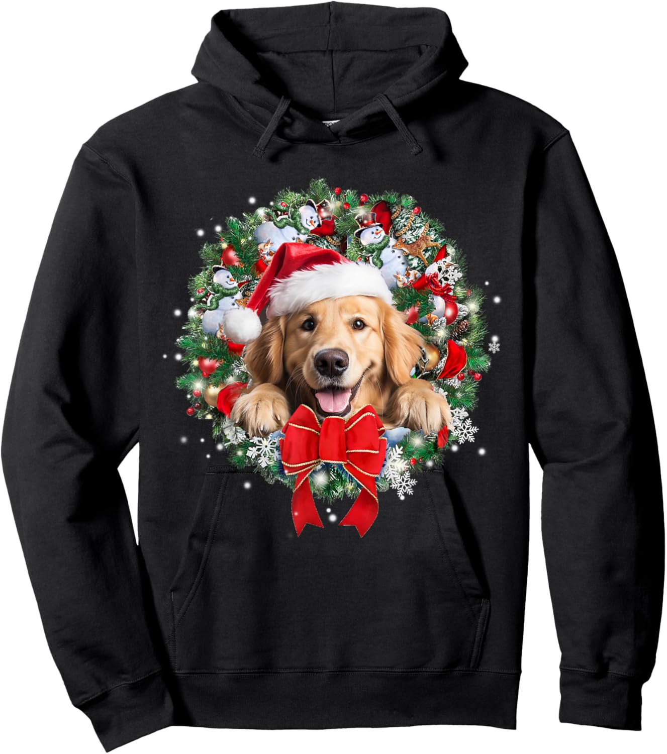Golden Retriever Christmas Wreath Decoration Xmas Pajamas Hoodie - Hoodie | Black
