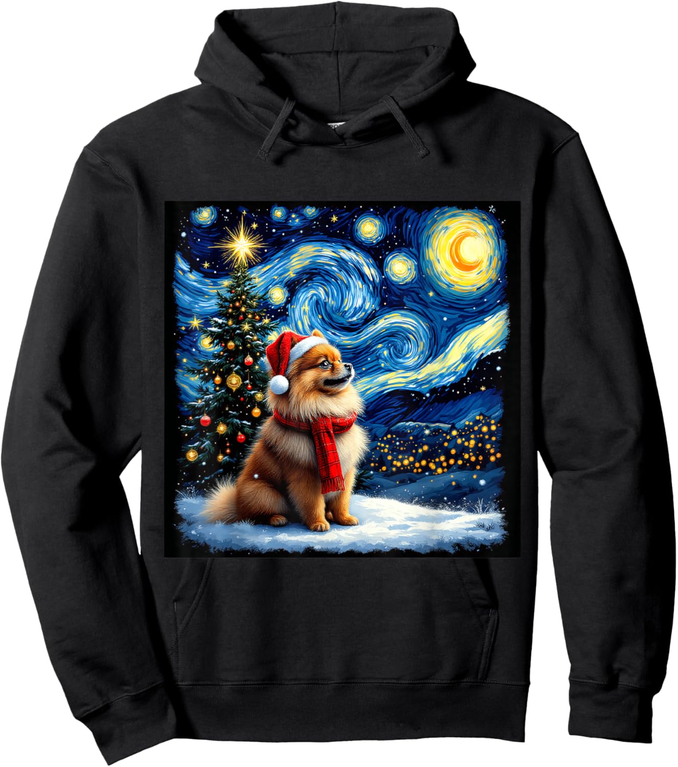 Pomeranian Starry Night Christmas Van Gogh Dog Santa Hat Hoodie - Hoodie | Black