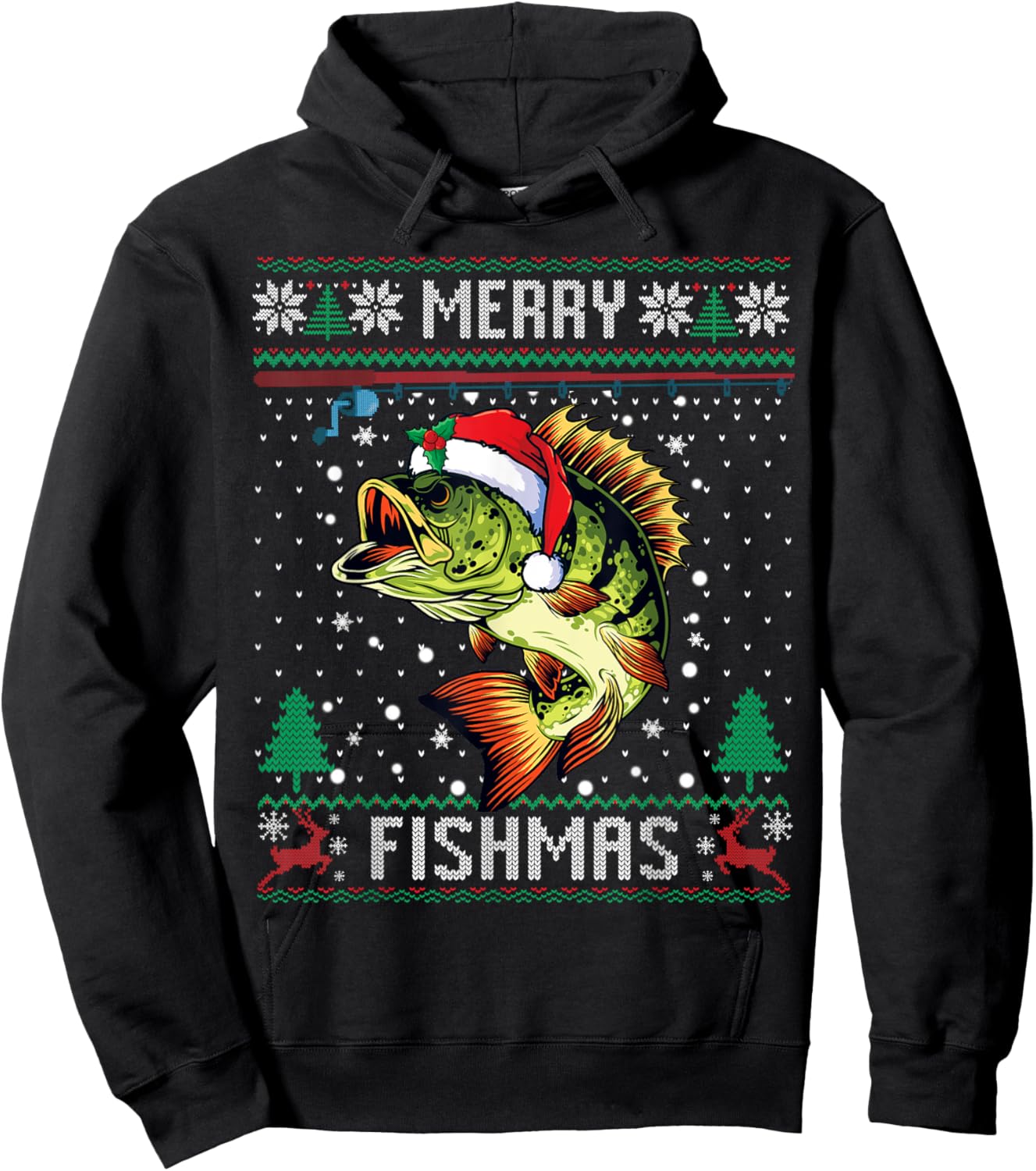 Merry Fishmas Bass Fish Fishing Christmas Ugly Sweater Xmas Hoodie - Hoodie | Black