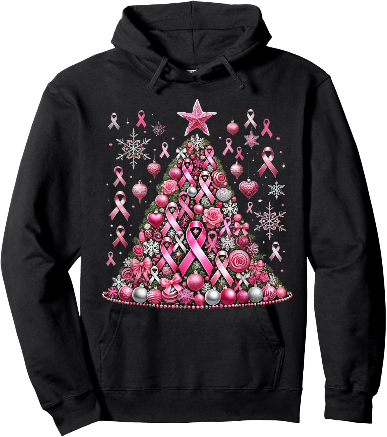 Snowflakes Ornament Decoration Breast Cancer Christmas Tree Hoodie - Hoodie | Black