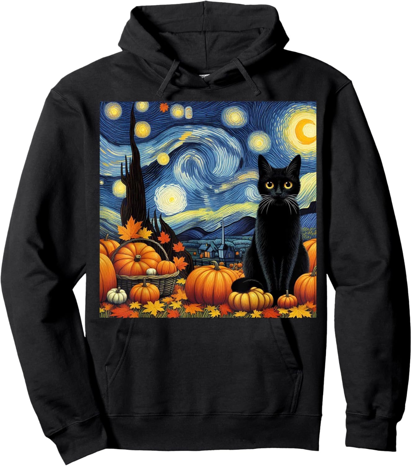 Thanksgiving Van Gogh Starry Night Black Cat Pumpkins Cat Lo Hoodie - Hoodie | Black