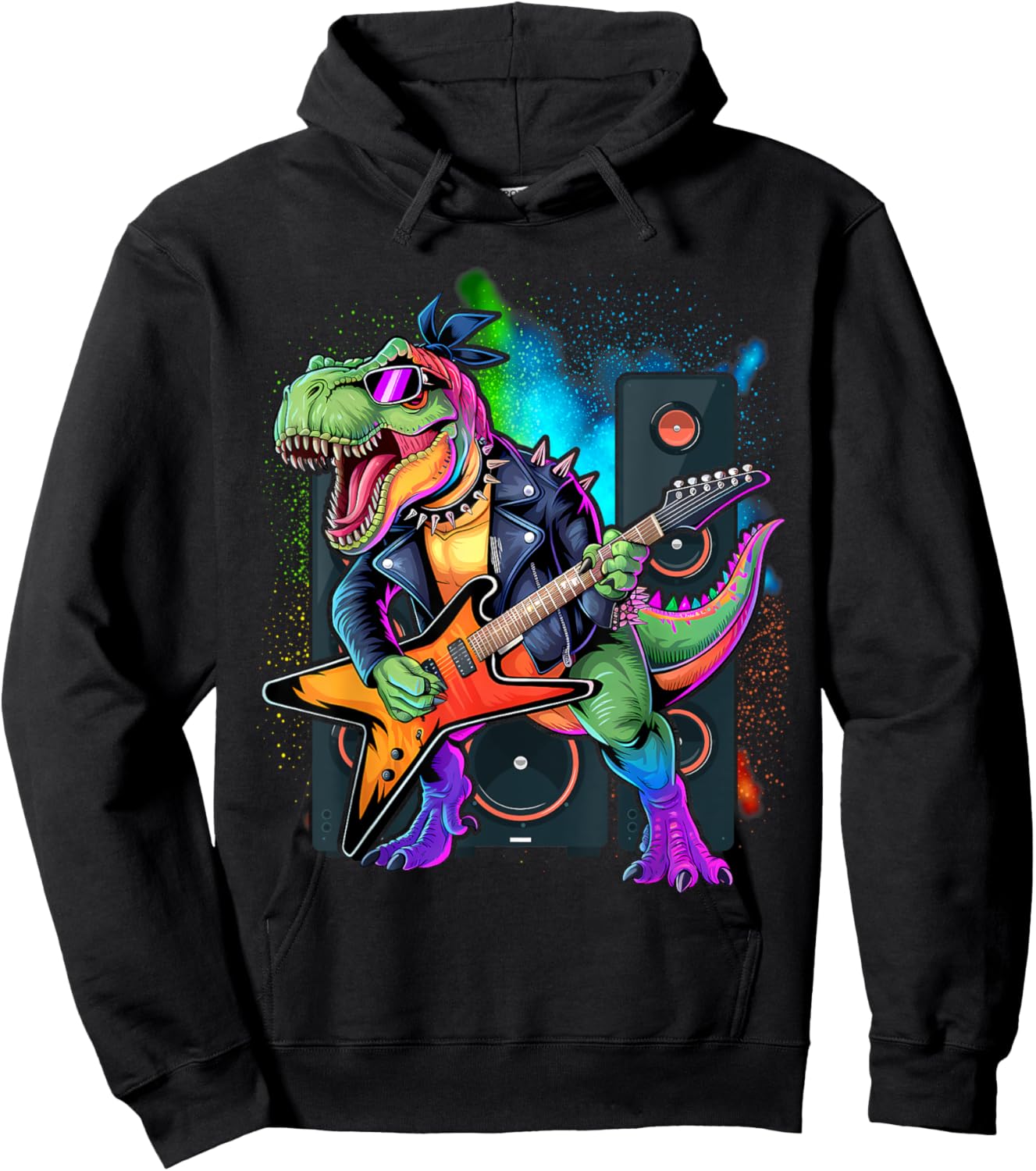 Funny Dinosaur, Rock'n Roll Goth Dino, Guitar Band Hoodie - Hoodie | Black