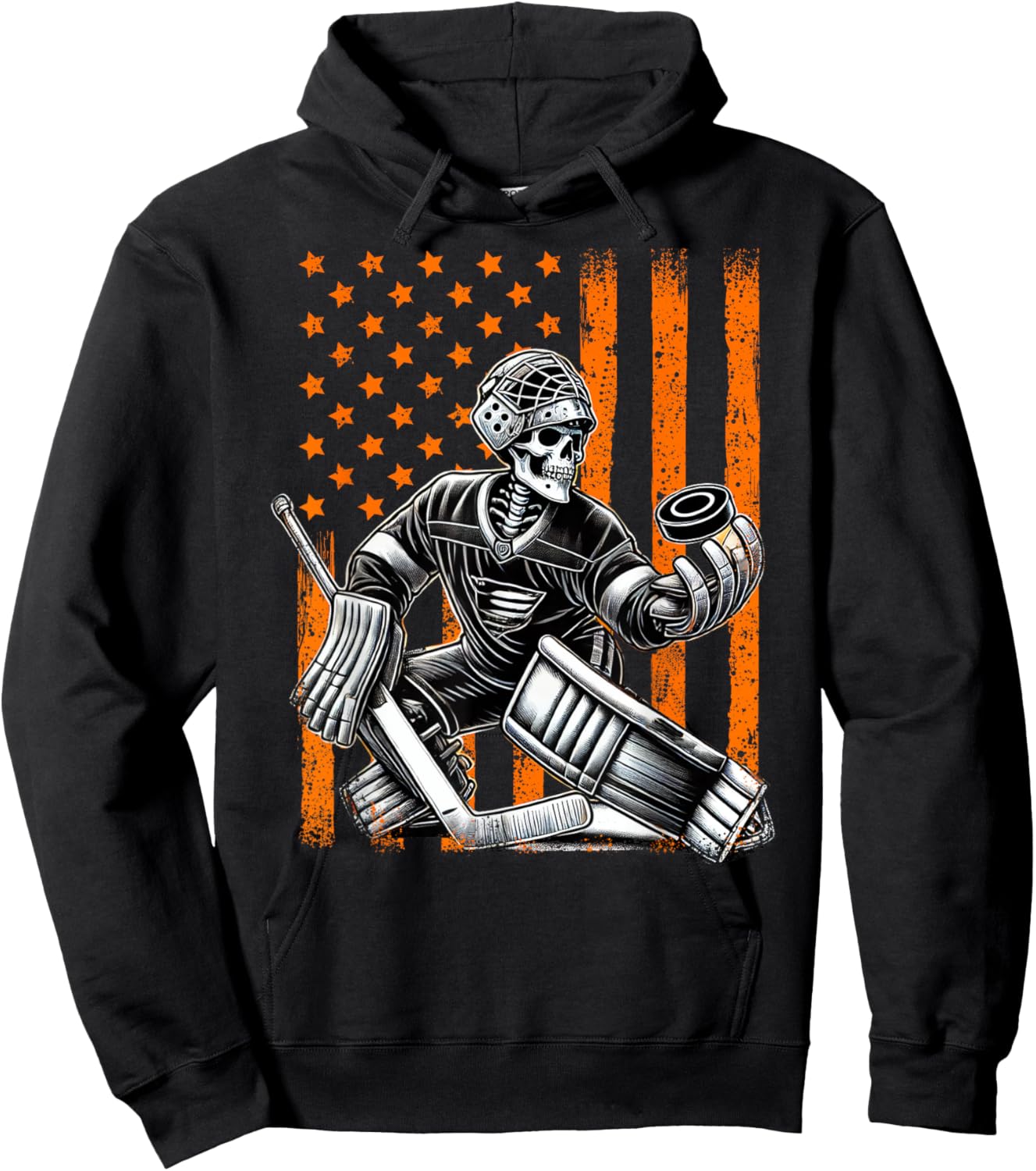 Spooky American Skeleton Ice Hockey Goalie Halloween USA Hoodie - Hoodie | Black