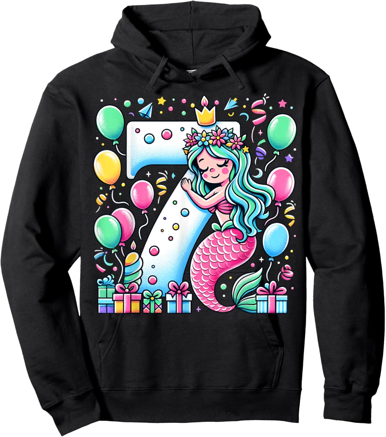 Mermaid 7th birthday for boy girl 7 years old seven Mermaid Hoodie - Hoodie | Black