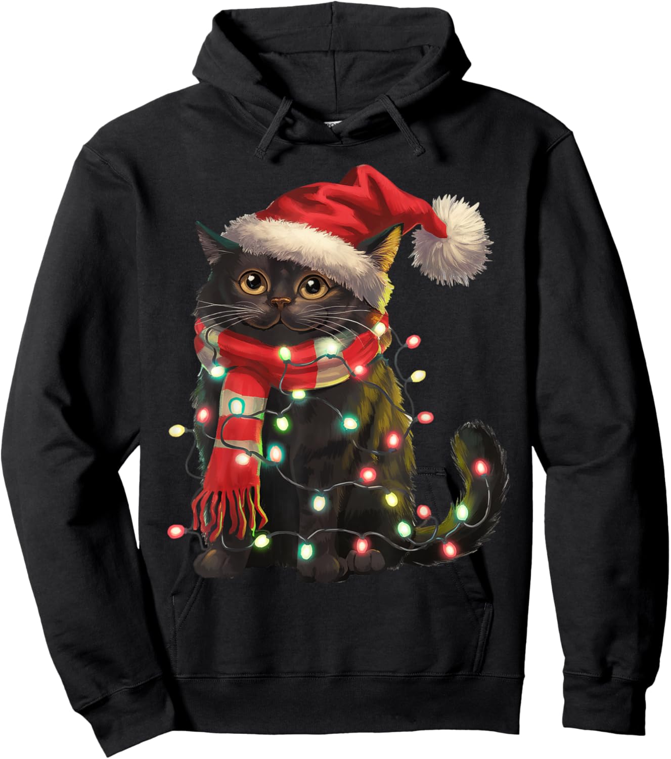 Black Cat Christmas Lights Santa Hat Christmas Cat Lover Women Kids Hoodie - Hoodie | Black