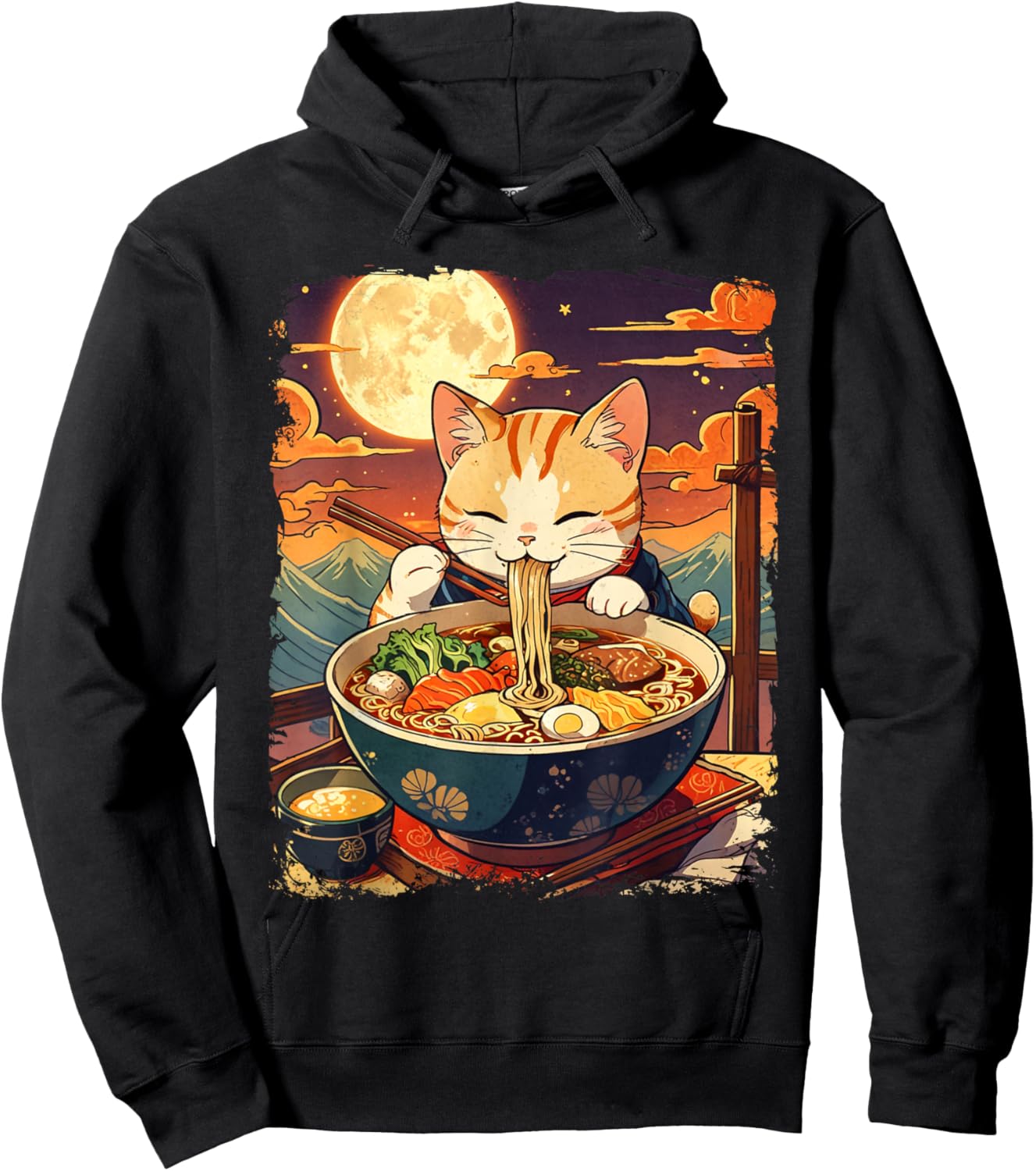 Cat Eating Ramen Japanese Noodles Vintage Ukiyo-e Art Hoodie - Hoodie | Black