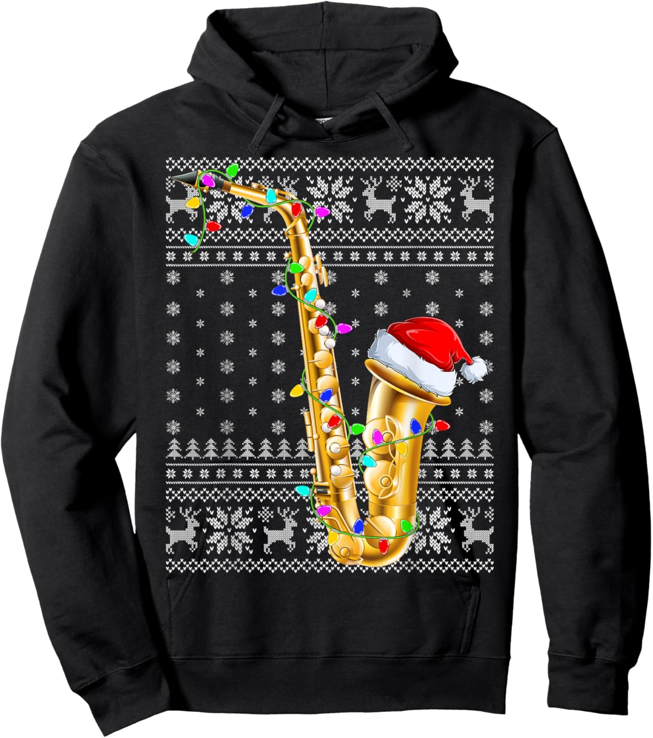 Ugly Sweater Xmas Lights Santa Musical Saxophone Christmas Hoodie - Hoodie | Black