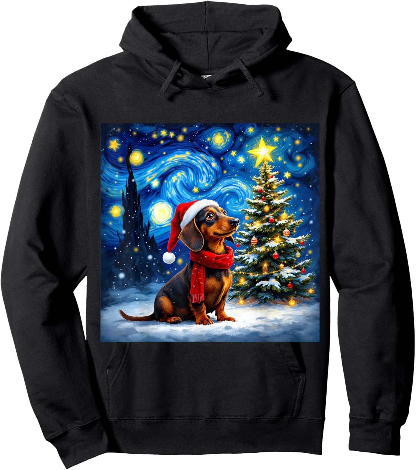 Dachshund Starry Night Christmas Van Gogh Dog Santa Hat Hoodie - Hoodie | Black