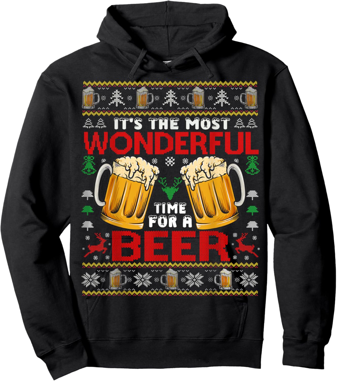 Xmas Wonderful Time For A Beer Ugly Christmas Sweaters Hoodie - Hoodie | Black