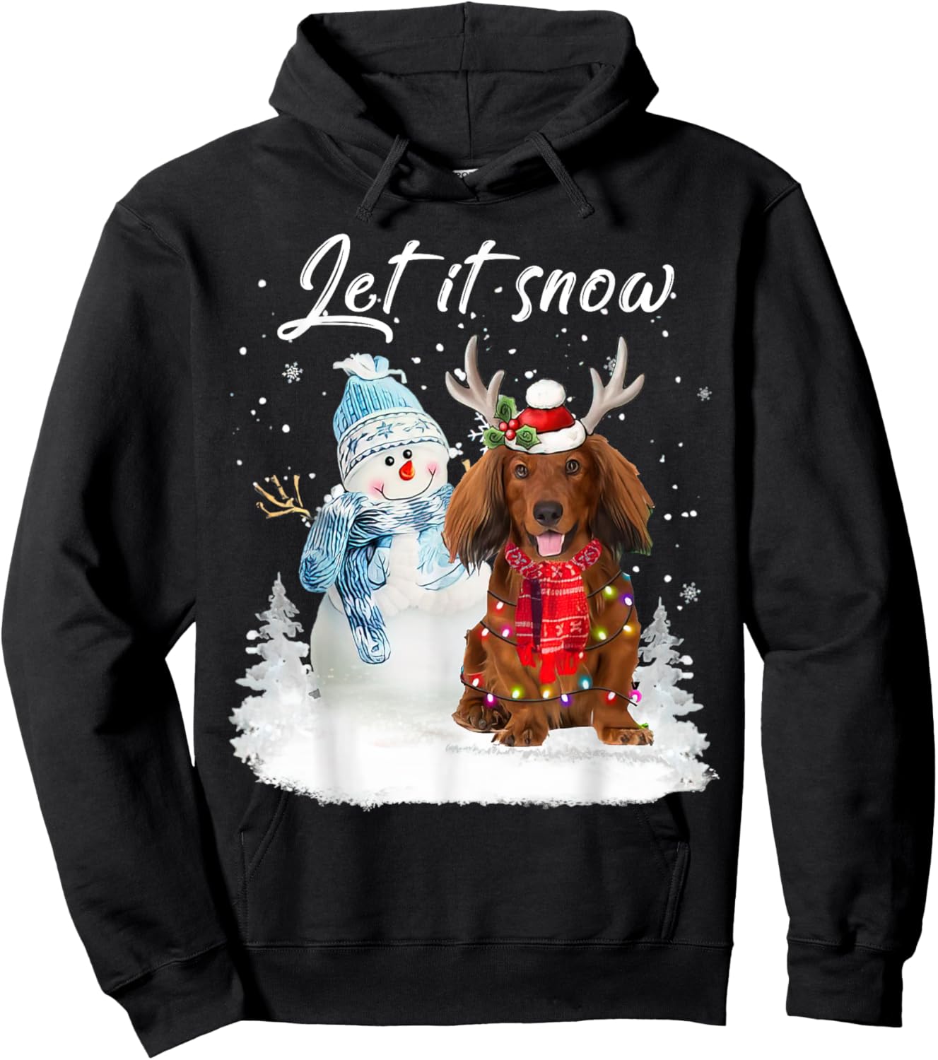 Red Long Haired Dachshund Santa Dog Christmas Snowman Xmas Hoodie - Hoodie | Black