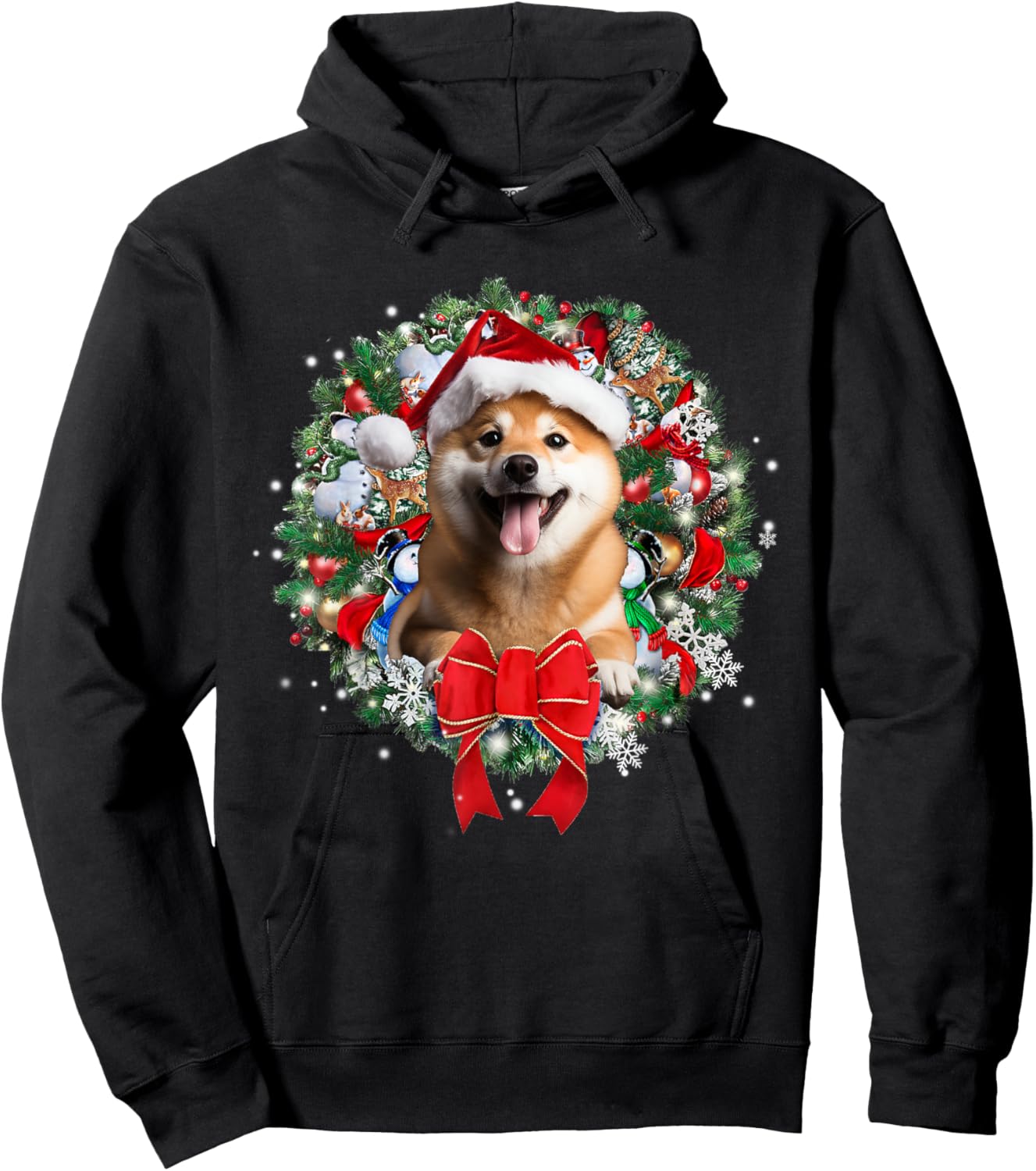 Shiba Inu Christmas Wreath Decoration Xmas Pajamas Hoodie - Hoodie | Black
