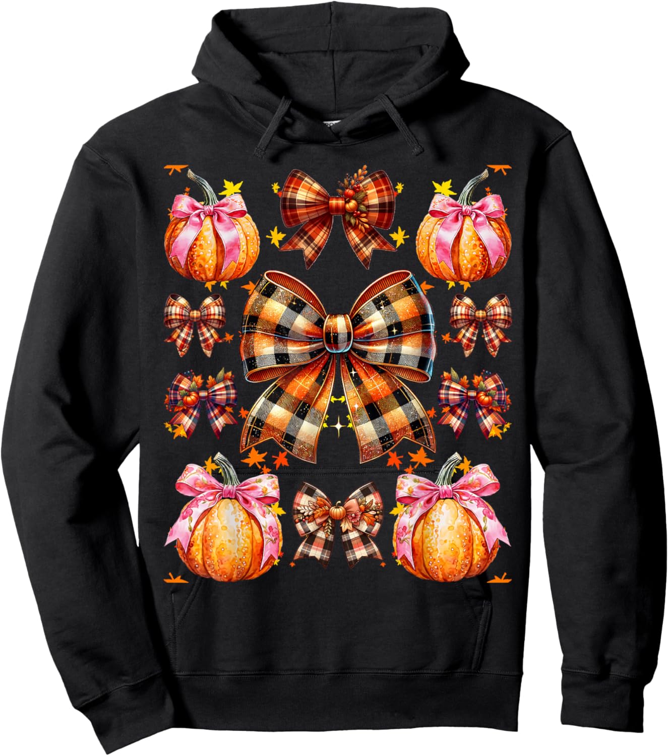 Coquette Bow Pumpkin Season Thanksgiving Autumn Fall Leaves Hoodie - Hoodie | Black