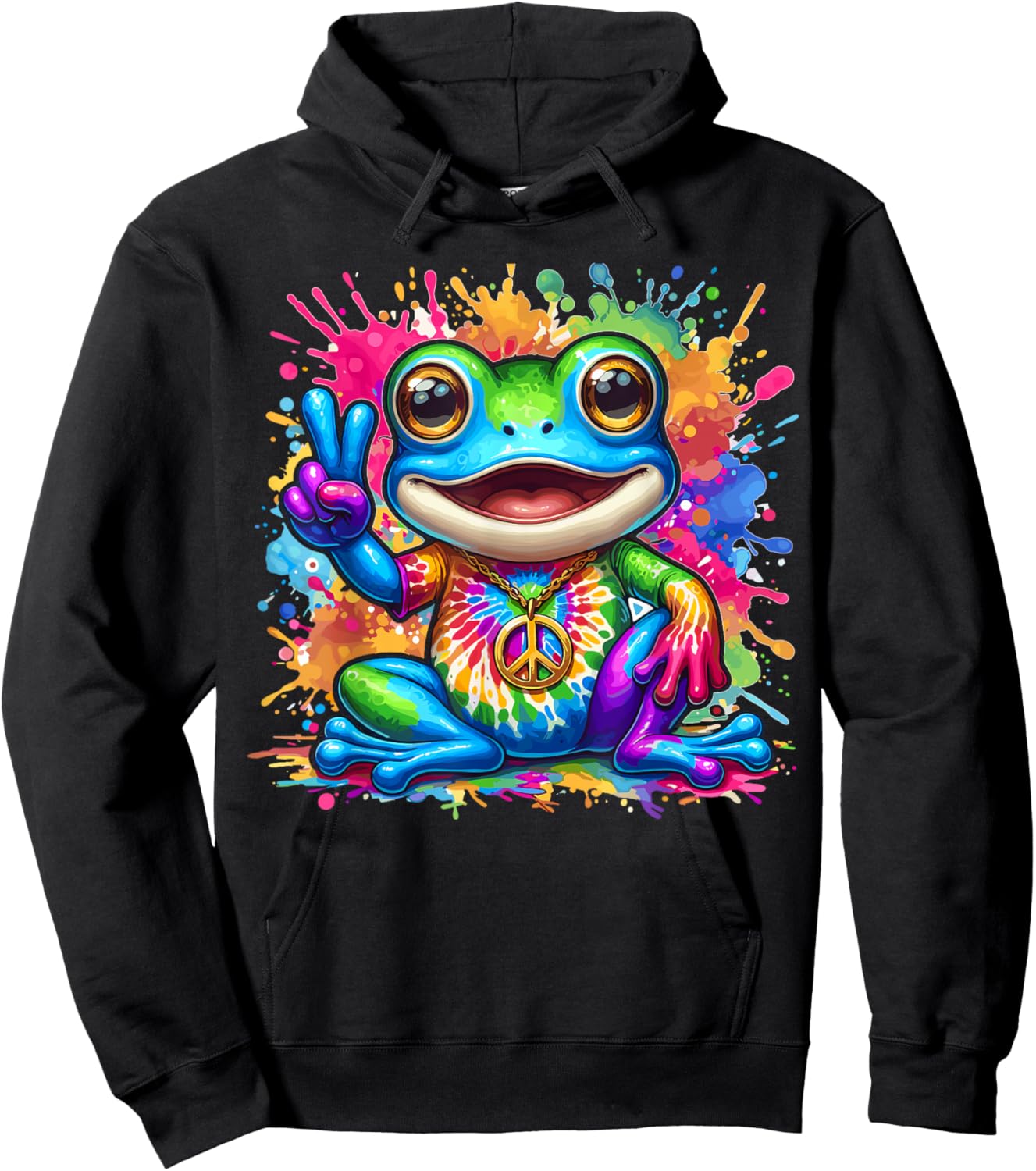Magical and Funny Hippie Gifts Tie-Dye Frog Peace Sign Hippie Hoodie - Hoodie | Black