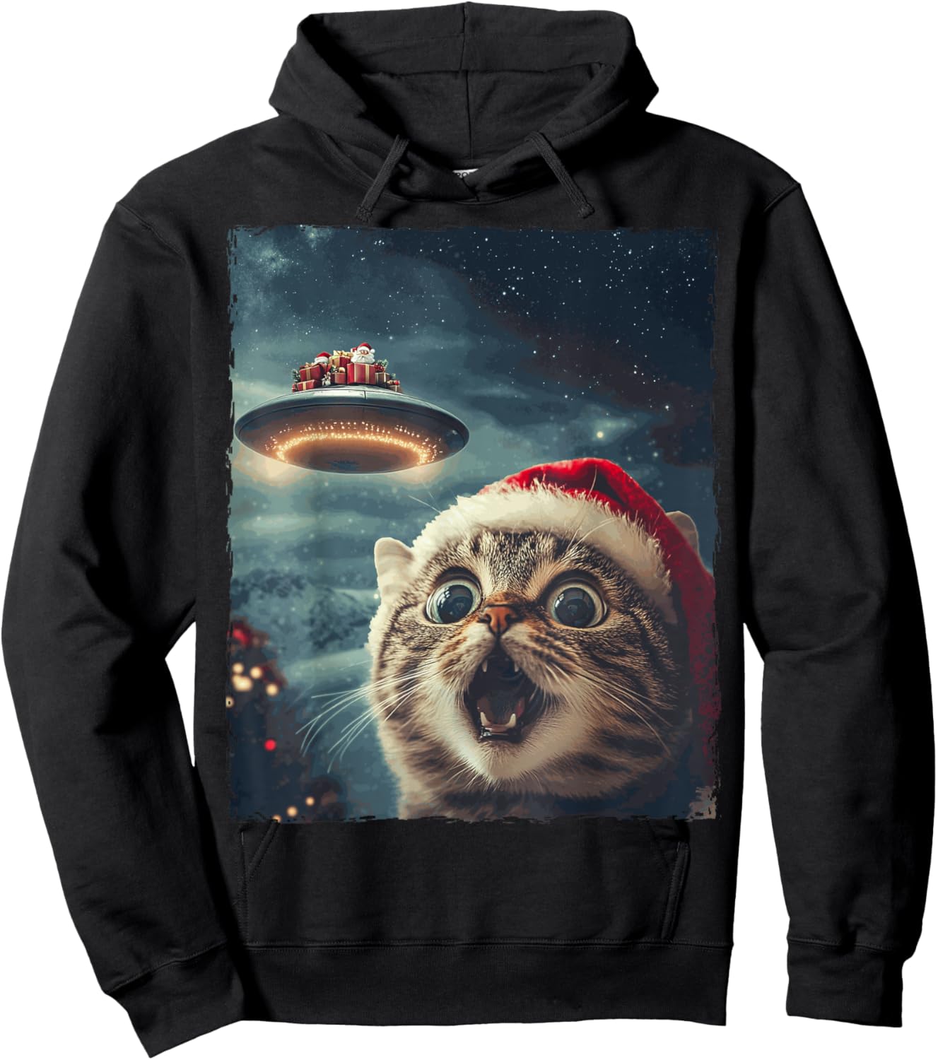 Funny Cat Selfie Santa Ufo Xmas Christmas Hoodie - Hoodie | Black