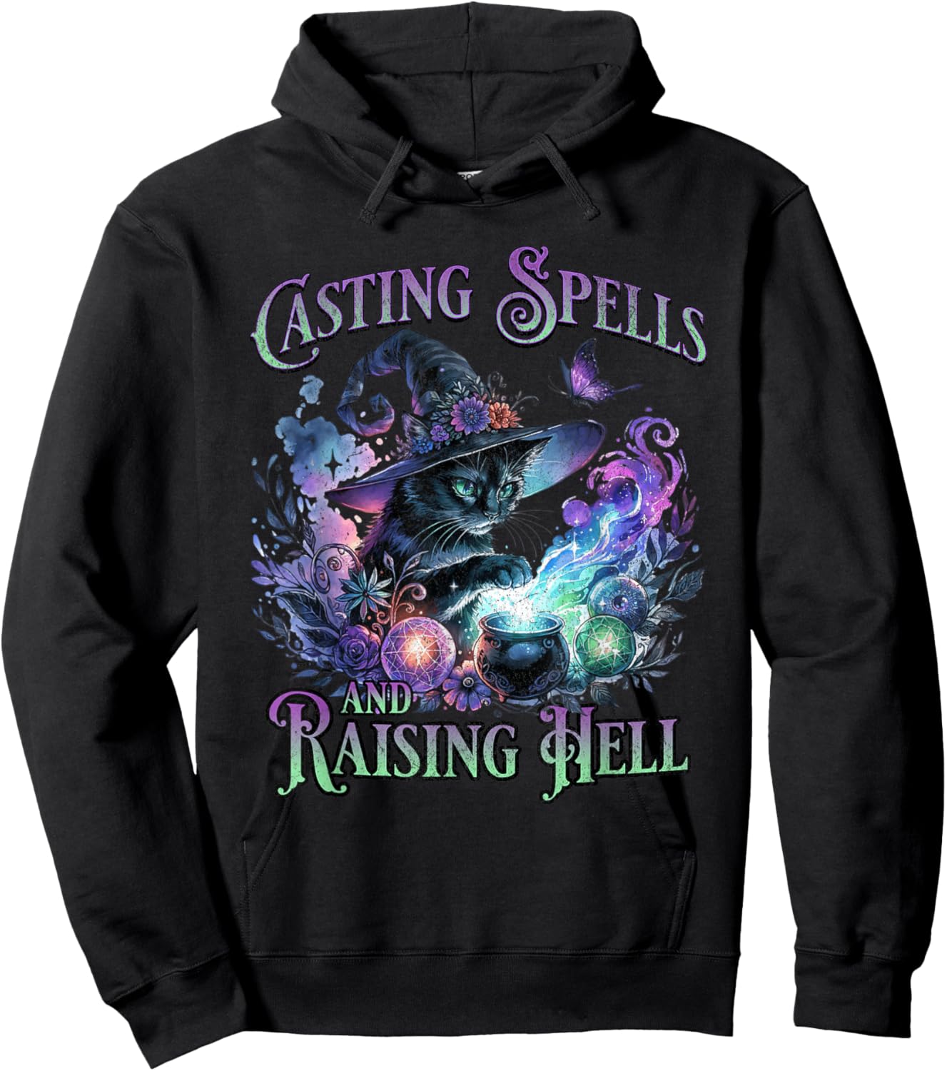 Casting Spells and Raising Hell Black Cat Witch Spooky Hoodie - Hoodie | Black
