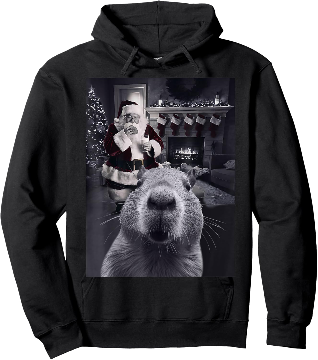 Funny Graphic Capybara Selfie with Santa Capy Xmas Rodent PJ Hoodie - Hoodie | Black