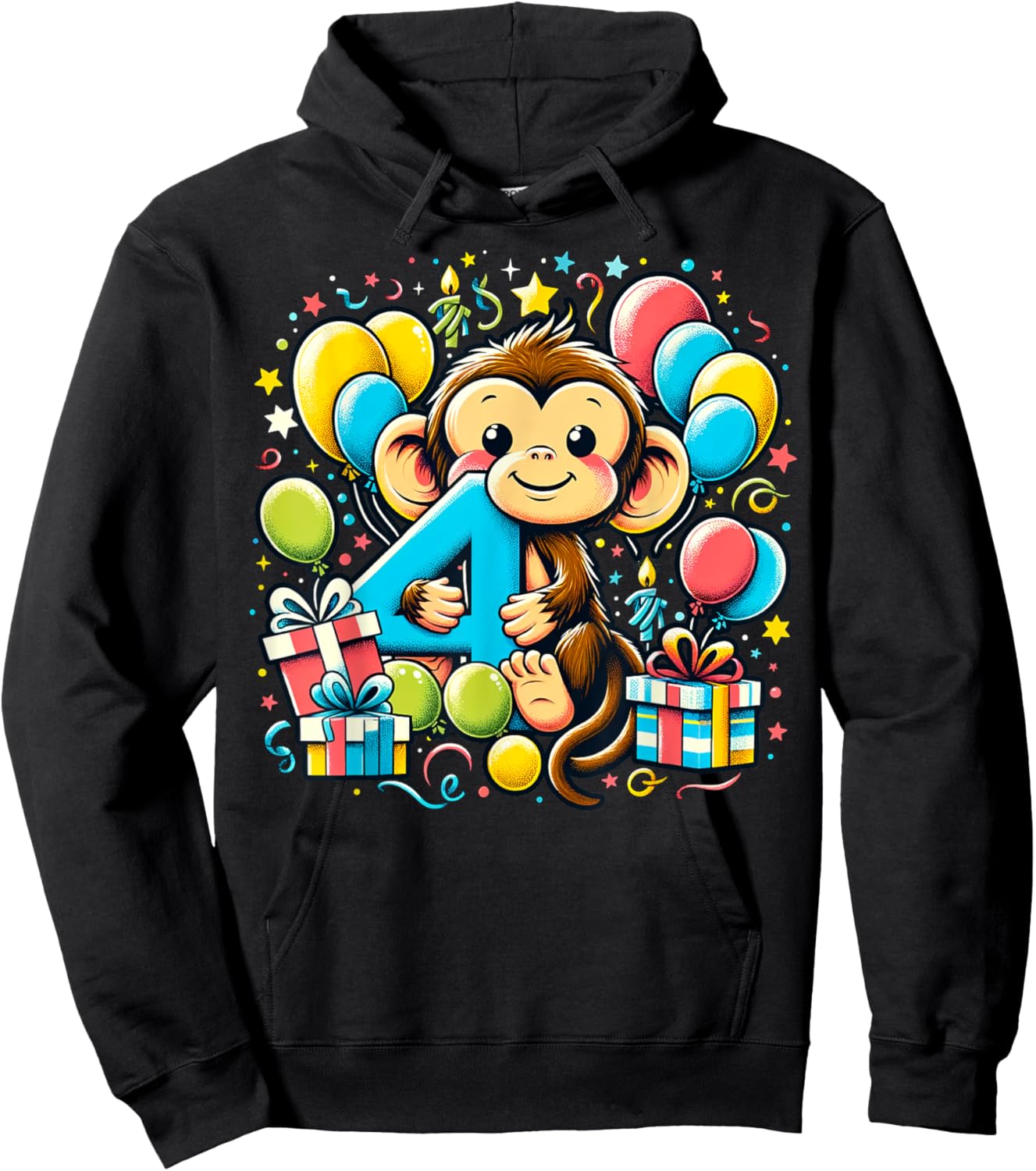 Monkey 4th birthday boy girl 4 years old fourth four Monkey Hoodie - Hoodie | Black