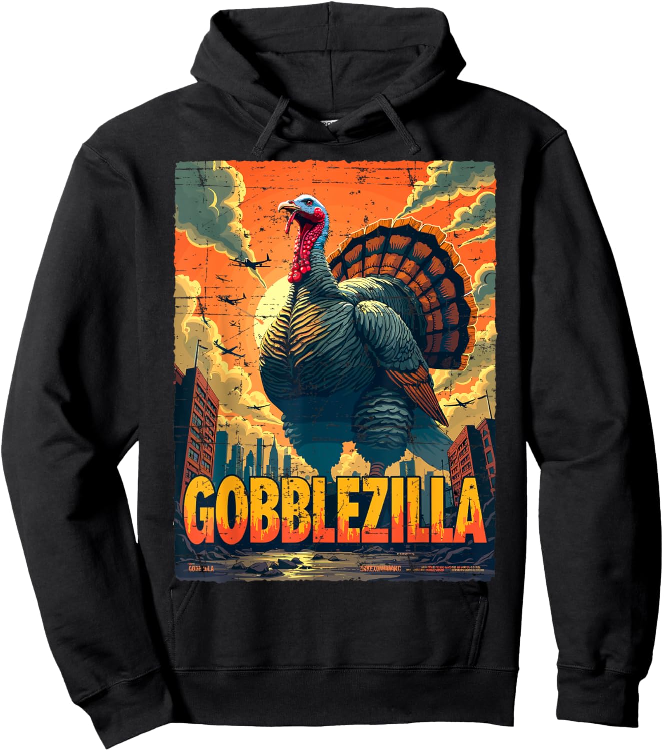 Vintage Funny Thanksgiving Day Gobblezilla Turkey Humor Hoodie - Hoodie | Black