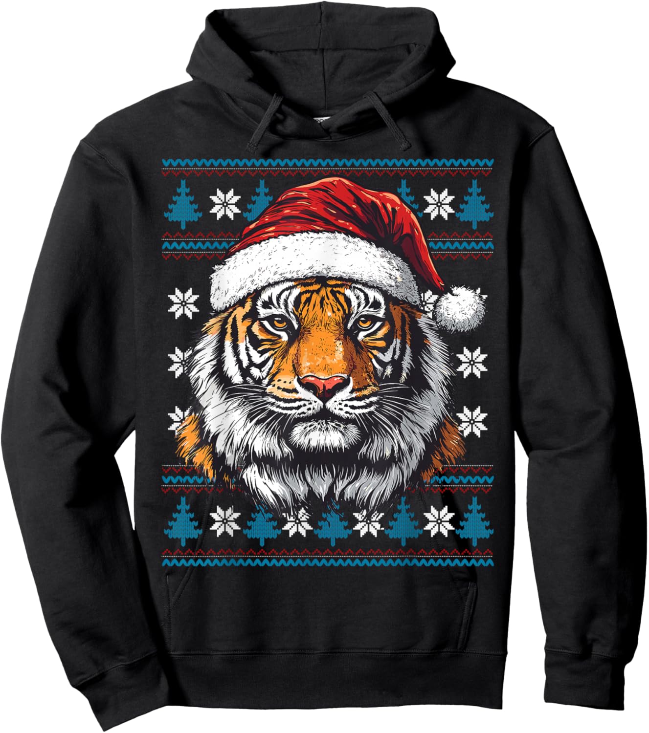 Tiger Santa Hat Ugly Christmas Sweater Tiger Lovers Holiday Hoodie - Hoodie | Black