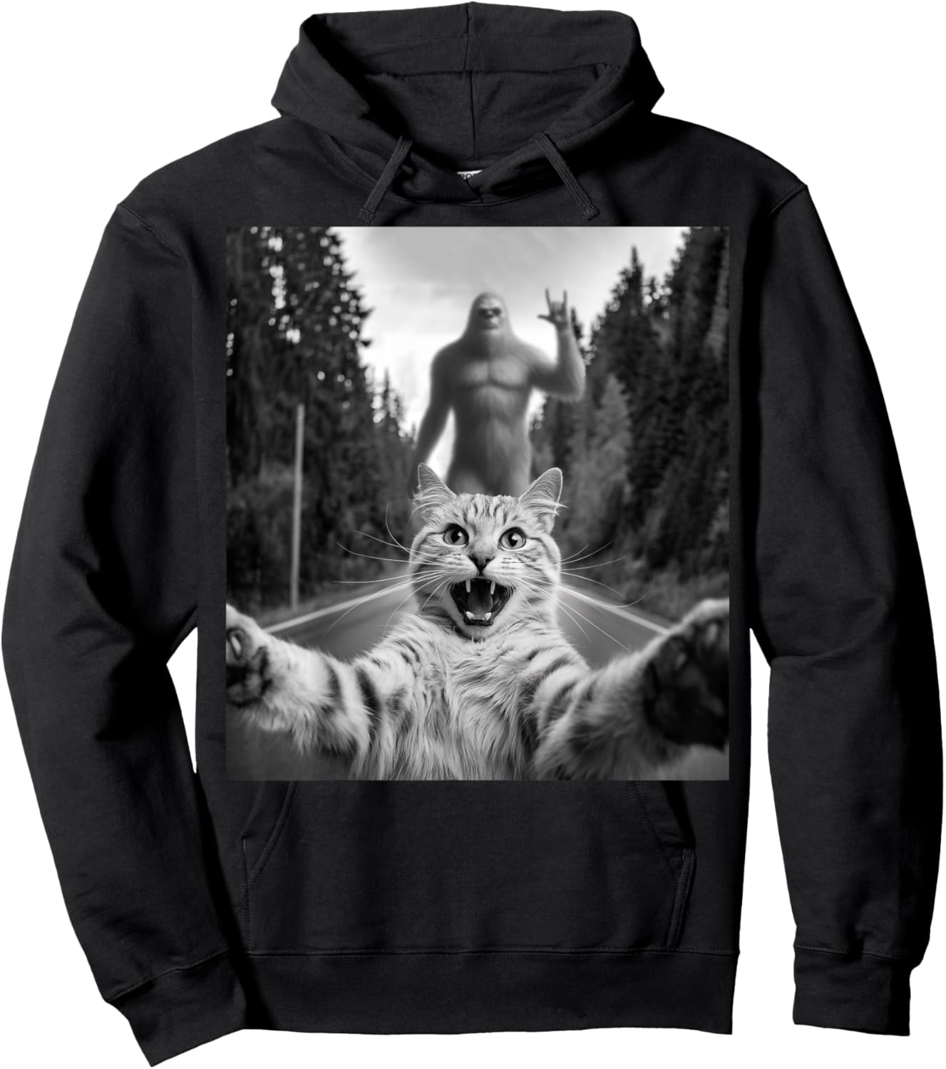 Cat Selfie With Bigfoot Funny Cat Gifts Women Kids Hoodie - Hoodie | Black
