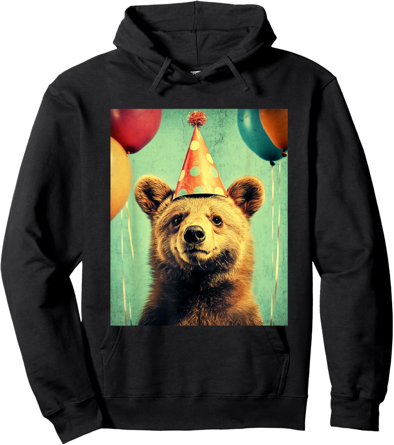 Bear Retro Art Print Birthday Party Balloons & Party Hat Hoodie - Hoodie | Black