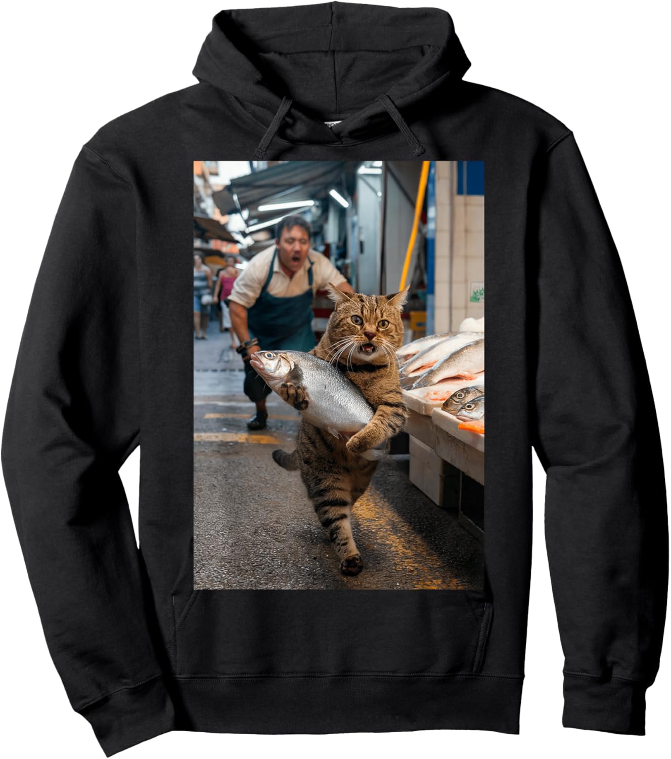 Funny Cat Stealing Fish Hoodie - Hoodie | Black