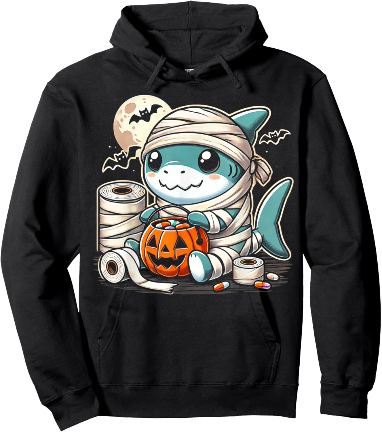 shark Halloween Mummy Cute Design All Ages Hoodie - Hoodie | Black