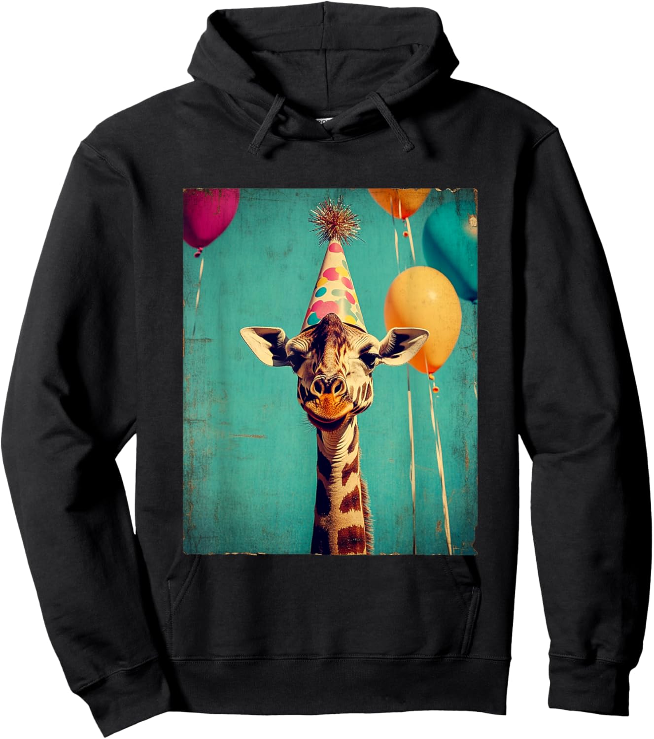 Giraffe Animal Zoo Birthday Party Apparel -Kids Retro Art Print Giraffe Birthday Party Black Short Sleeve Small Hoodie - Hoodie | Black