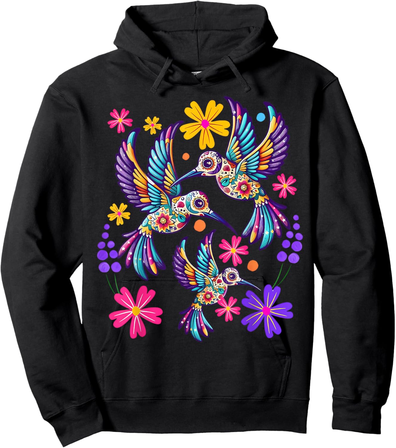 Hummingbird Colorful Mexican Flowers Bird Floral Nature Hoodie - Hoodie | Black
