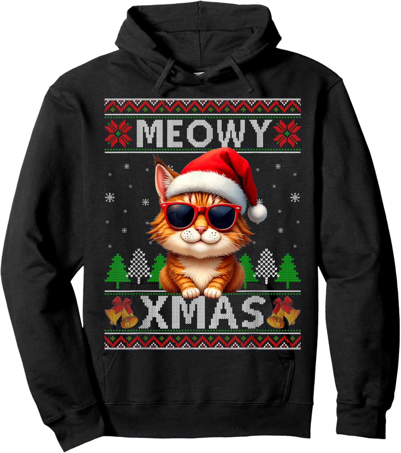 Meowy Xmas Cat Sunglasses Xmas Lights Ugly Christmas Sweater Hoodie - Hoodie | Black