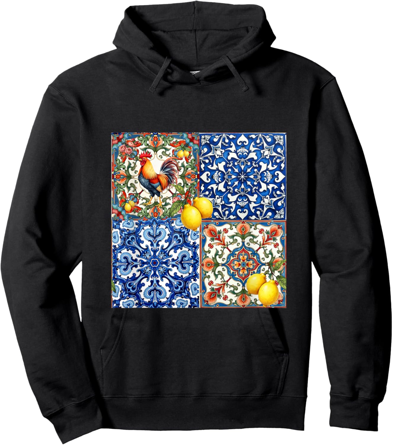 Rooster bird, Italian style,citrus,lemon,folklore pattern Hoodie - Hoodie | Black