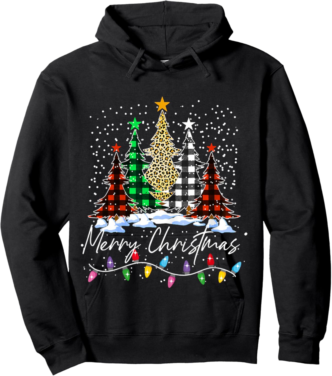 Merry Christmas Trees With Buffalo Red Plaid Leopard Xmas Hoodie - Hoodie | Black